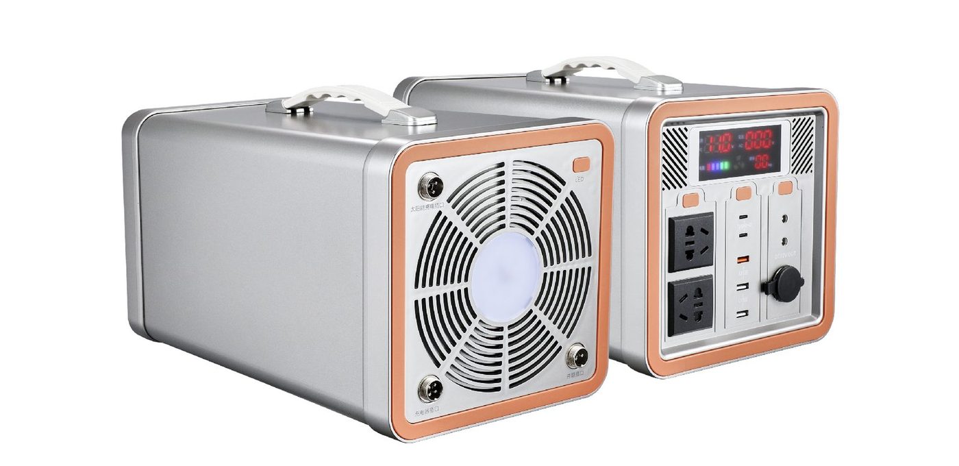Portable power station showing AC sockets, DC outputs and digital display