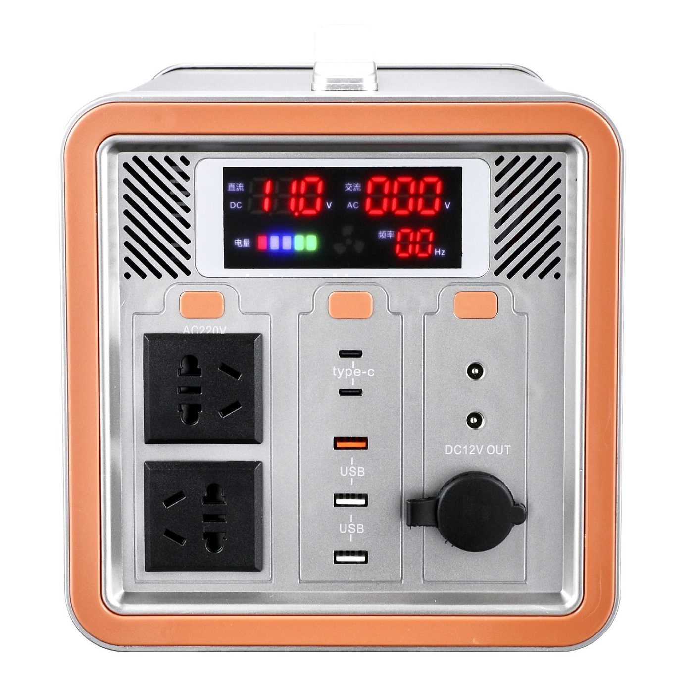 Power station front panel showing output sockets and digital display
