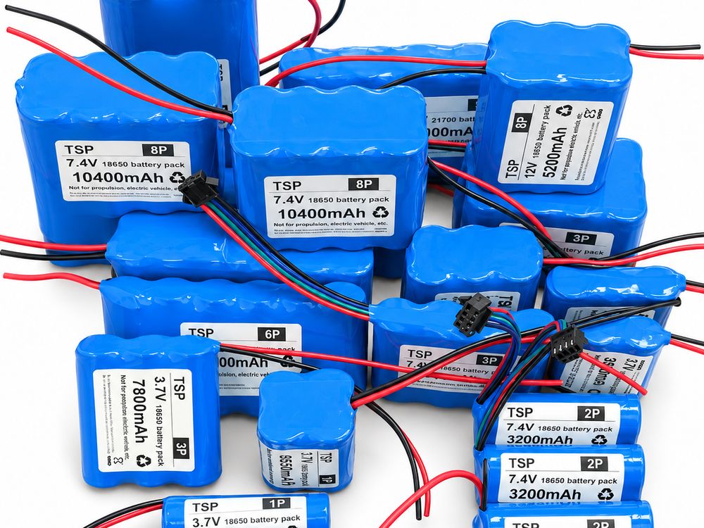 TSP custom 18650 and 21700 lithium battery packs — 3.7V to 12V, 1P to 8P, 2600mAh to 10400mAh