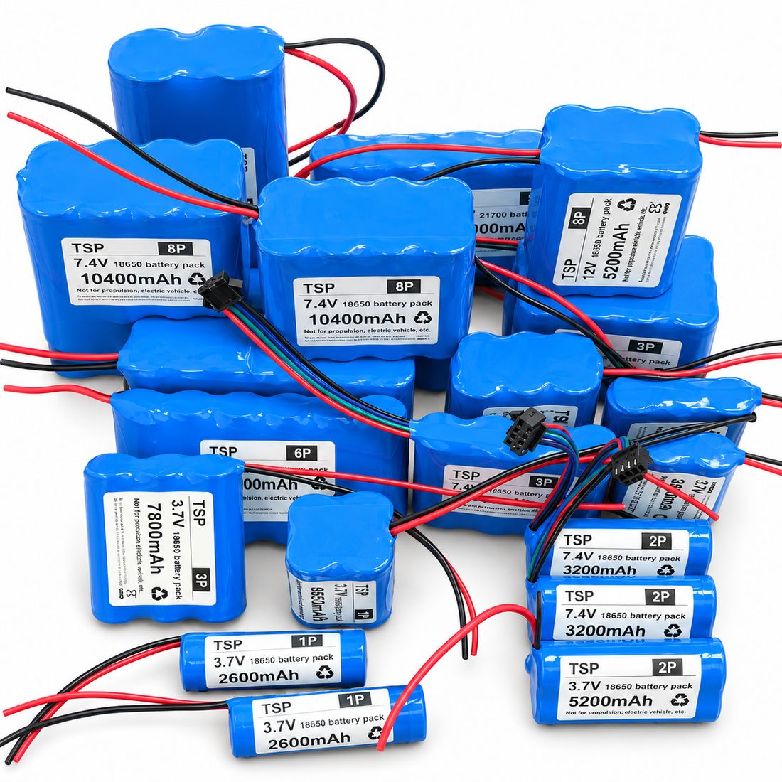 TSP battery pack range — 1P to 8P configurations from 3.7V 2600mAh to 12V 5200mAh, in 18650 and 21700 cells