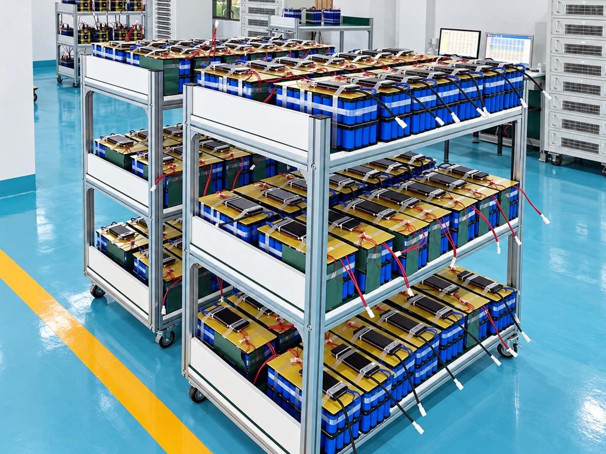 Battery packs connected to charge and discharge test racks